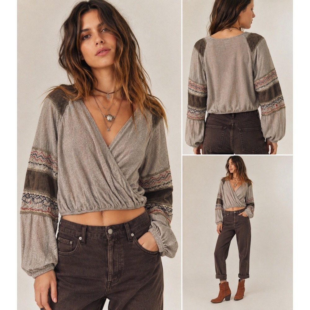 Free People FP One Southwestern Embroidered Balloon Sleeve Faux Wrap Crop Top XS